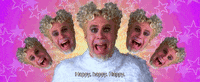 Movie gif. Will Ferrell as Zugatu enunciates, "Happy, happy. Happy," while four duplicate floating heads in an arc open their mouths, against a background of shifting pink and yellow stars.