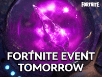 Sponsored gif. A zero point crystal shard from Fortnite glows purple from the center of an orb while blue lights flash around it. The Fortnite logo is in the upper right corner. Text reads: "Fornite event tomorrow" 