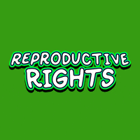 Digital art gif. White bubble text reading “Reproductive Rights” over a green background is crushed to bits by the United States Capitol Building.
