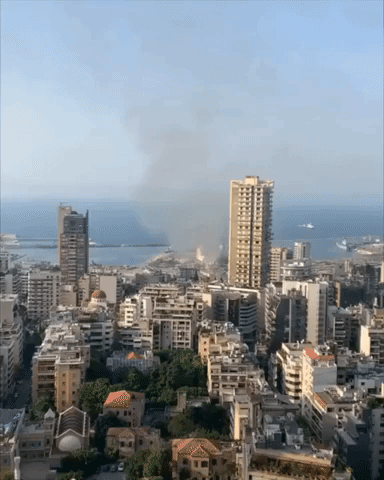 View From High-Rise Shows Smoke Rising From Port of Beirut Fire