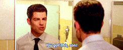 TV gif. Wearing a white shirt and tie, Max Greenfield as Schmidt from New Girl aggressively psyches himself up in the bathroom mirror. Text, "You got this, son!"