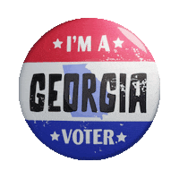 Digital art gif. Round red, white, and blue button featuring the shape of Georgia spins over a transparent background. Text, “I’m a Georgia voter.”
