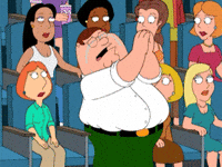 Cartoon gif. Peter Griffin from Family Guy stands up in an audience and tears stream down his face as he claps. Everyone around him stares at him in shock but he is undeterred in his emotions.