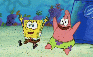SpongeBob gif. SpongeBob and Patrick sitting on the ground raising their arms and cheering with excitement.