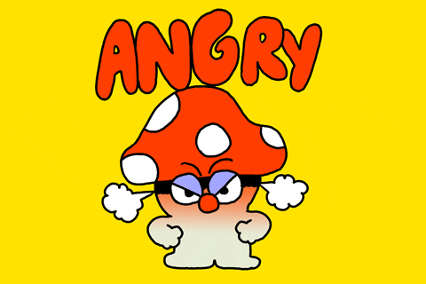 Cartoon gif. An angry mushroom fumes with smoke pouring out of his ears. Text, “Angry.”