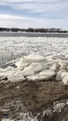 Ice Builds Along the Rushing Missouri River in Bismarck