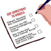 Illustrated gif. Hand finishing a checklist with red pen. Text, "GOP Commitment to America, Thwart January 6th commission, Prevent the FBI from investigating Trump, Ban books with quote-icky-feeling-unquote words, Investigate why migrants steal the sun every night."