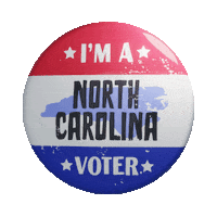 Digital art gif. Round red, white, and blue button featuring the shape of North Carolina spins over a transparent background. Text, “I’m a North Carolina voter.”
