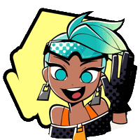 Sticker gif. Smiling anime woman with a blue ponytail holds a gloved hand up to wave at us as the capitalized word “HI!” appears in bold text beside her over a transparent background.