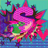 Digital art gif. Bright, colorful graphic collage featuring the letter S at the center, surrounded by stars and starburst shapes and comic-book-style lettering that says "wow" and "splash." The shapes constantly shift color from blue to turquoise, pink to red and yellow, like a lenticular image.