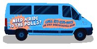 Illustrated gif. Blue van with graphic text rolling down the road. Text, "Need a ride to the polls? Call 877-524-VOTE, or visit ride to the poll dot com."