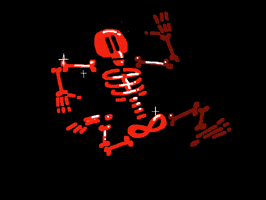 Illustrated gif. A red, sparkling skeleton running against a black background.