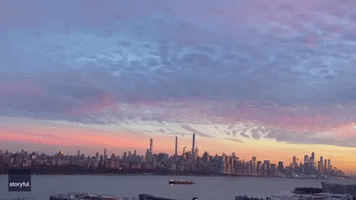 Pink-Tinted Sunset Illuminates New York City Skyline
