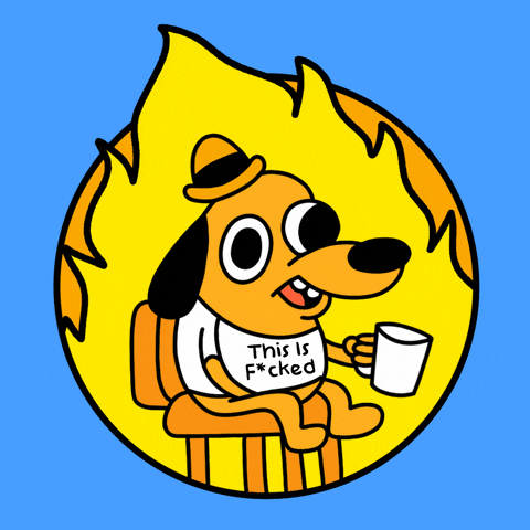 Digital art gif. “This is fine” dog wears a shirt that says, “This is f*cked” as he sits, sipping coffee as yellow flames rage behind him against a light blue background. A speech bubble emerges with the text, “Register to vote.”