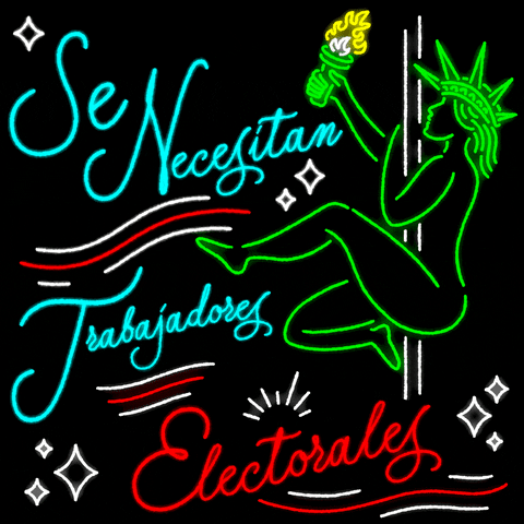 Digital art gif. Neon-sign style Statue of Liberty does a pole dance against a black background. Text, “Se Necesitan Trabajadores Electorales.”