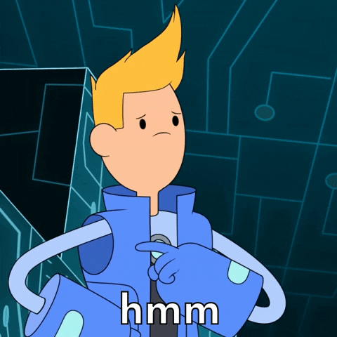 Cartoon gif. Standing in an environment resembling a circuit board, Chris in Bravest Warriors frowns pensively, cradling his chin with his hand.