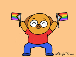 Illustrated gif. Smiling dog, wearing human clothes, sways side to side while holding up pride flags in both paws. Text, "@PeopleIKnow."