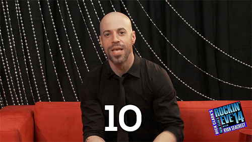 Celebrity gif. Chris Daughtry gestures with his hands as he counts down from ten, then blows a party horn and says, "Happy New Year, y'all."