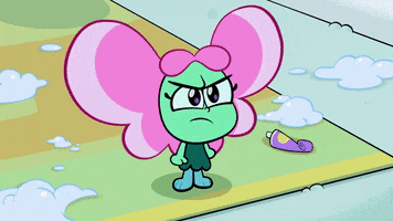 Cartoon gif. Bacon Berry from Big Blue. She's upset and she begins squeezing her fists together and scrunching her face, which makes her glow blue.