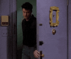 TV gif. A young Matthew Perry as Chandler in Friends swings the apartment door open and struts in the room in a cool manner, raising one eyebrow and looking around the room like, "Dang I look good, who's watching?" 