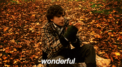 Movie gif. Jessie Eisenberg sits on an autumn leave covered ground and applauds eagerly, saying "Wonderful."
