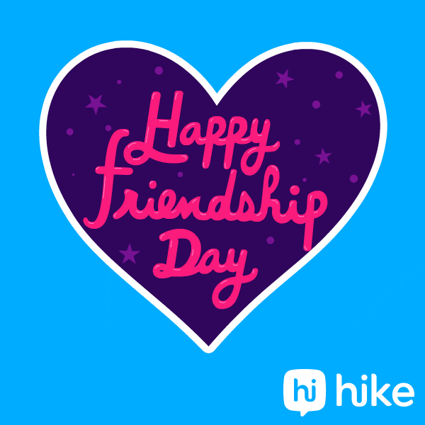 Digital art gif. A purple heart with pink stars rests on a blue background as pink script appears. Text, "Happy Friendship Day."