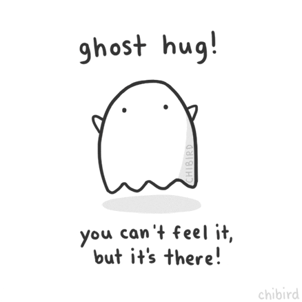 Cartoon gif. An egg shaped ghost hovers in the center of a white background. Its white cheeks blush red as its small black arms hug itself. Text, "ghost hug! you can't feel it, but it's there!"