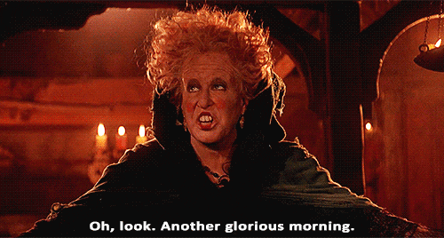 Movie gif. Bette Midler as Winifred in Hocus Pocus looks up unamused. Her hair is messy and she looks tired as she says, “Oh, look. Another glorious morning.”