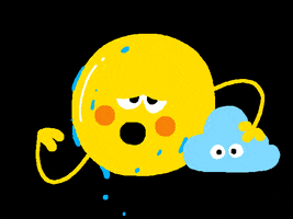 Cartoon gif. An exhausted, sweating yellow sun fans itself with one hand. It holds in its other hand a light blue cloud with eyes, which it uses to wipe the sweat from itself.