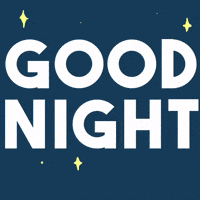 Text gif. The words "good night" appear against a blue background with yellow twinkling stars. The two letter Os in the word "Good" flutter then fold over like tired eyes blinking closed to fall asleep. 