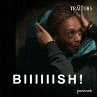 Sponsored gif. Traitors cast member Danielle Reyes removes the hood of her cloak and immediately looks pleasantly surprised with wide eyes and her mouth agape. Text reads, “Biiiiiiish.”