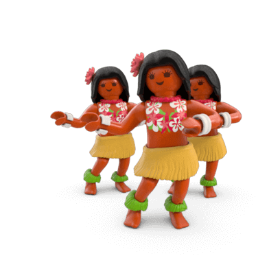 Video gif. A trio of Lego Hawaiian hula dancers move side to side doing the hula.