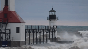 Large Waves Crash Into Lighthouse in Lake Michigan
