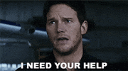 Movie gif. Chris Pratt as Peter Quill from Avengers speaks to us with sincerity. Text, "I need your help."