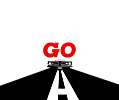 Digital art gif. An old-timey car drives toward us, the word "Go" in giant red letters following the car as it drives closer.