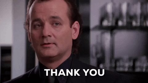Movie gif. Bill Murray as Frank in Scrooged holds back tears as he nods gratefully. Text, "Thank you."