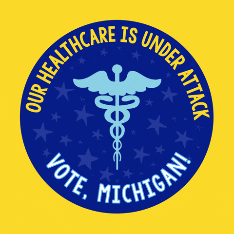 Digital art gif. Blue circular sticker against a yellow background features a light blue medical symbol of a staff entwined by two serpents, topped with flapping wings and surrounded by light blue dancing stars. Text, “Our healthcare is under attack. Vote, Michigan!”