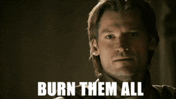 TV gif. Nikolaj Coster-Waldau plays Jaime Lannister from Game of Thrones has a stern facial expression and says, "Burn them all."