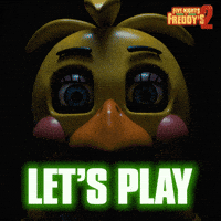 Sponsored gif. The head of Chica, an evil animatronic from Five Nights at Freddy's 2, takes up the entire screen. Chica leans forward slightly and her eyes narrow menacingly. The Five Nights at Freddy's 2 logo is in the upper right corner. Text reads: "Let's Play" 