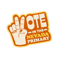 Sticker gif. Message on a yellow sticker outlined in blue undulating back and forth, a two-finger peace sign in place of the V. Text, 'Vote in the Michigan primary.'