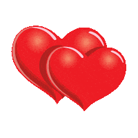 Sticker gif. Two red hearts snuggled together, one larger than the other, beating in unison.