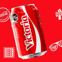 Sponsored gif. A red can of Coca-Cola with the name "Victoria" printed on it tilts back and forth. Coca-Cola logos on bottle caps and sunglasses are in the background.