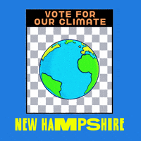 Digital art gif. Earth spins in front of a grey and white checkered background framed in a light blue box. Text, “Vote for the climate. New Hampshire.”