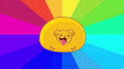 Video gif. Against a twirling rainbow background, a fat yellow dog with tiny legs wiggles back and forth, wagging his tail and panting in happiness.