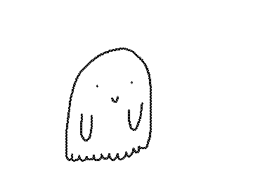 Illustrated gif. A black sketch of a ghost floats in the air and turns around holding a sign that reads, "Boo!"
