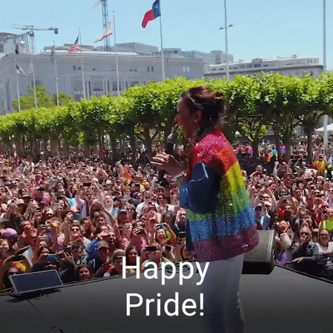 Political gif. Wearing a sparkly rainbow jacket, Vice President Kamala Harris waves and yells, “Happy Pride!” to a waving and cheering crowd.