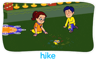 Cartoon gif. Two children kneel to watch a spinning firecracker before we cut to a street strung with lights and decorated with rangoli. Finally we cut to a satellite image of India glowing with lights and text that reads, "Happy Diwali."