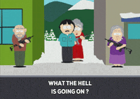 South Park gif. Randy Marsh is being escorted out by a grandma with a gun. He looks confused as he says, "What the hell is going on?" and she snaps and says, "Shut your pie hole and get over there!"