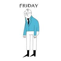 Illustrated gif. A frowning man in a suit and spectacles rips off his clothes to reveal a dancing orange creature in black leather shorts and knee-high boots. Text, "Friday."