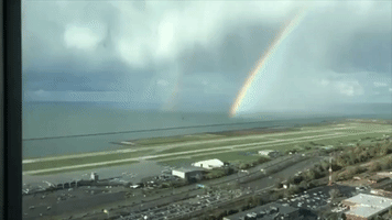 Rainbow Appears Over Lake Erie After Storm Hits Cleveland